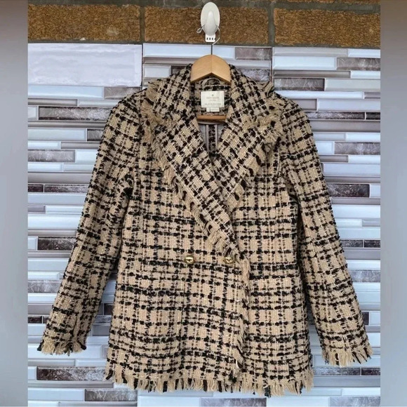 Kate Spade - Tan & Black Plaid Tweed Blazer size 4 - Picture 1 of 12